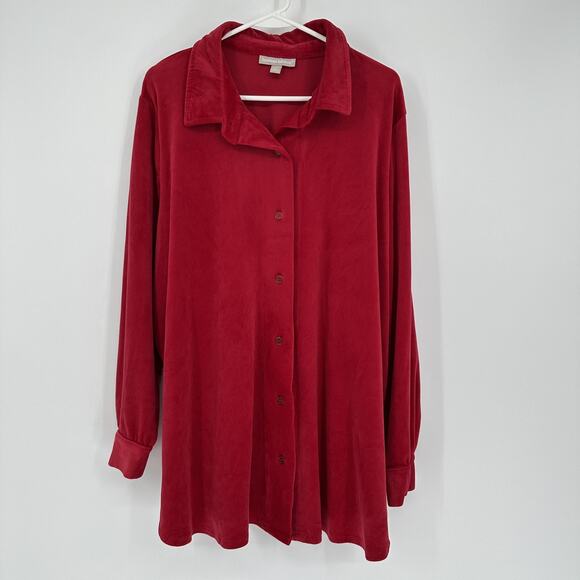 Woman Within Velvet Shirt Womens 1X 22/24 Red Button Front Tunic Long Sleeve - Picture 1 of 10